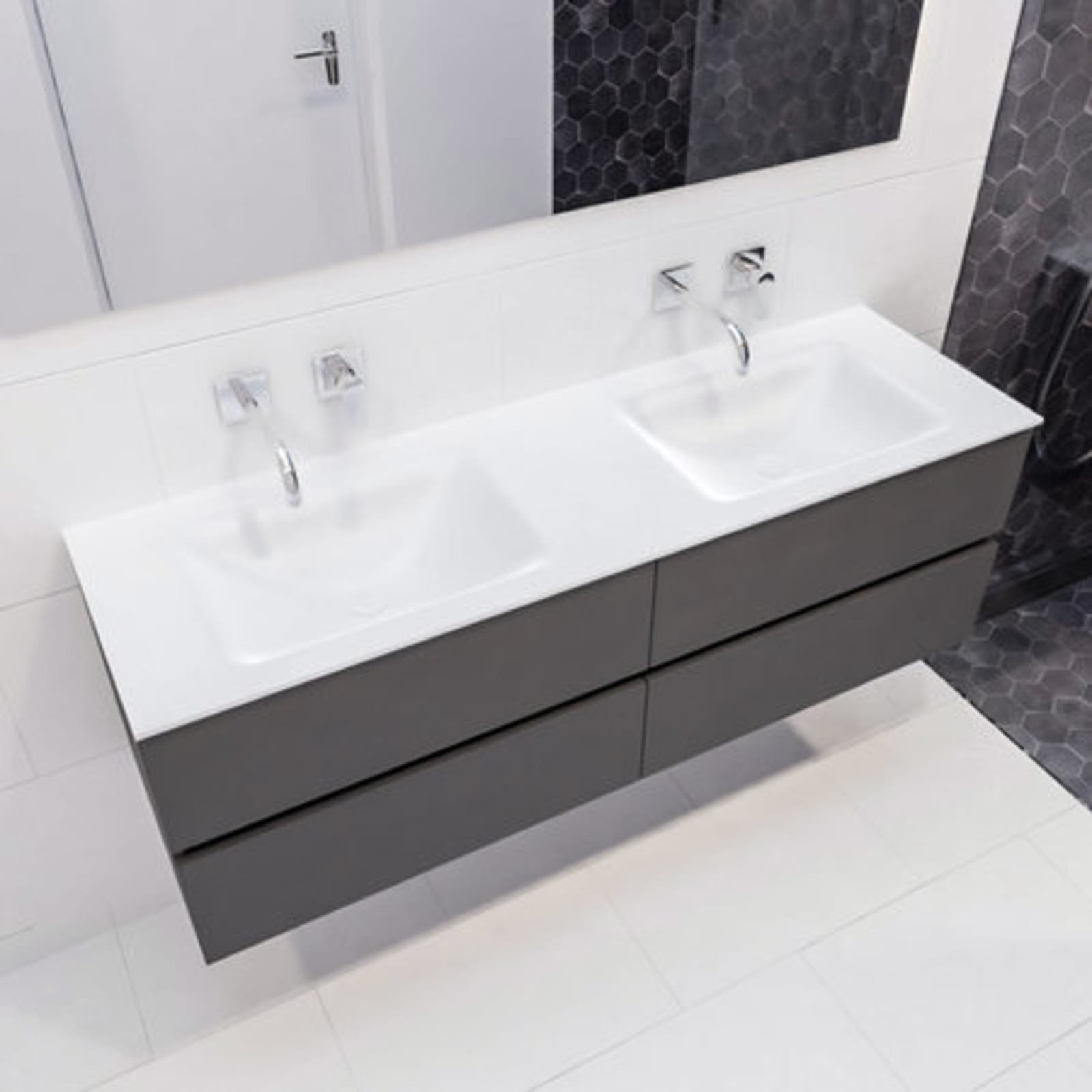 Blue Label Annika onderbouwkast, Solid Surface wastafel Cloud, dubbel, 4x lade, geen kraangat, 1500 x 500 x 450mm (BxHxD), antraciet
