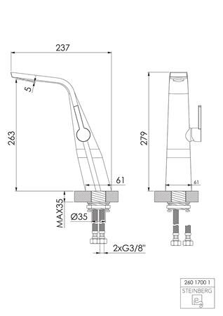 Steinberg ééngreeps wastafelmengkraan met keramisch binnenwerk, met flexibele slangen 3/8 ", chroom