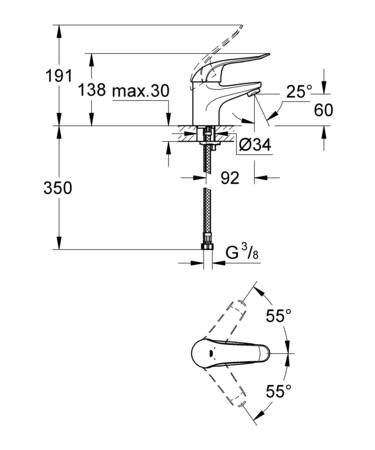 Grohe Eurosmart Care, Wastafelmengkraan, eengreeps, 1-gats, 138mm hoogte, glad, 92mm uitloop laag, vast, chroom