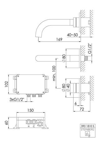 Steinberg Serie 390, iFlow elektronische wand wastafelmengkraan, uitloop 169 mm, mat zwart