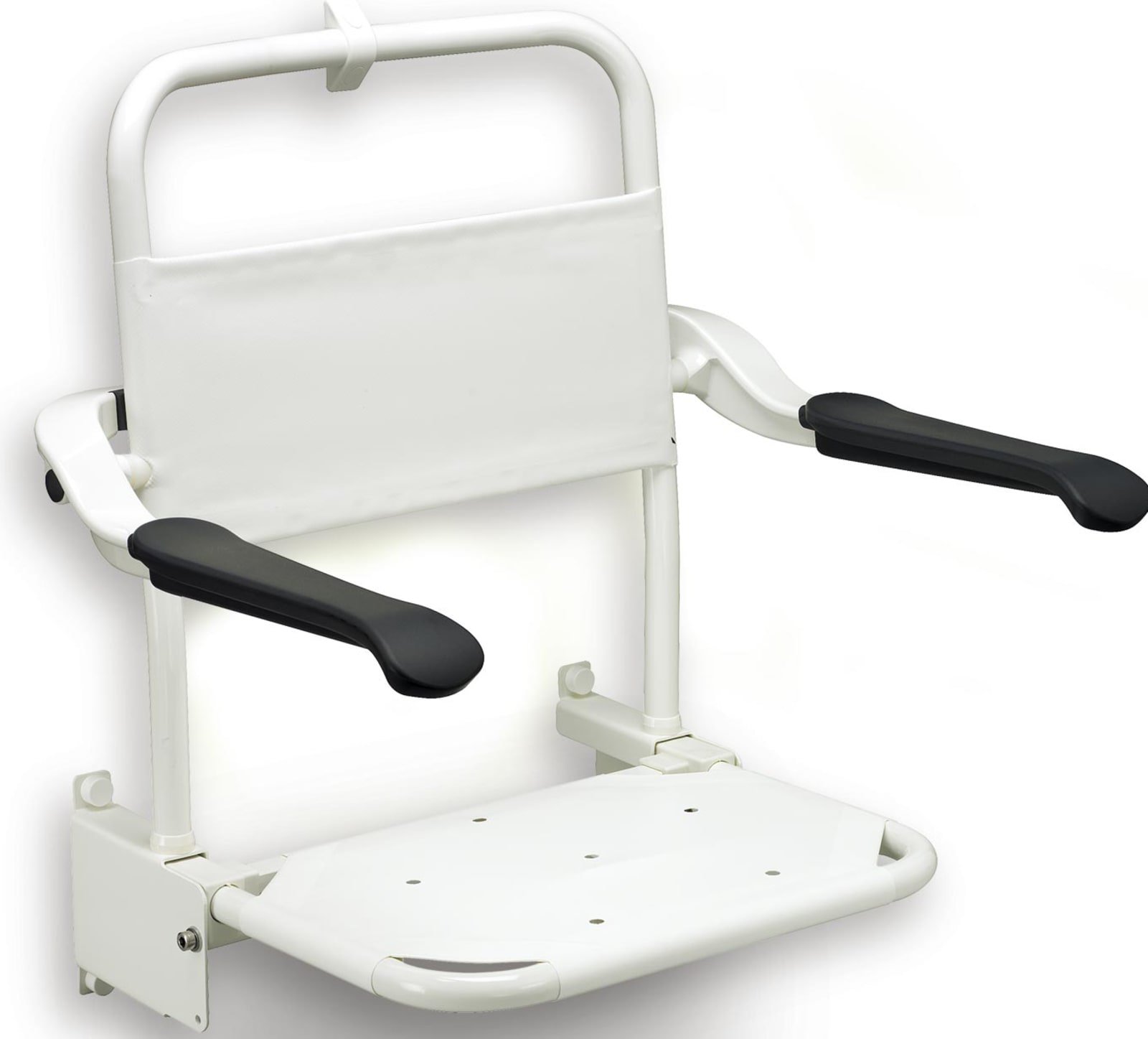 Linido douchezitting met verkorte zitdiepte + rugleuning en armleggers 445mm staal gecoat wit