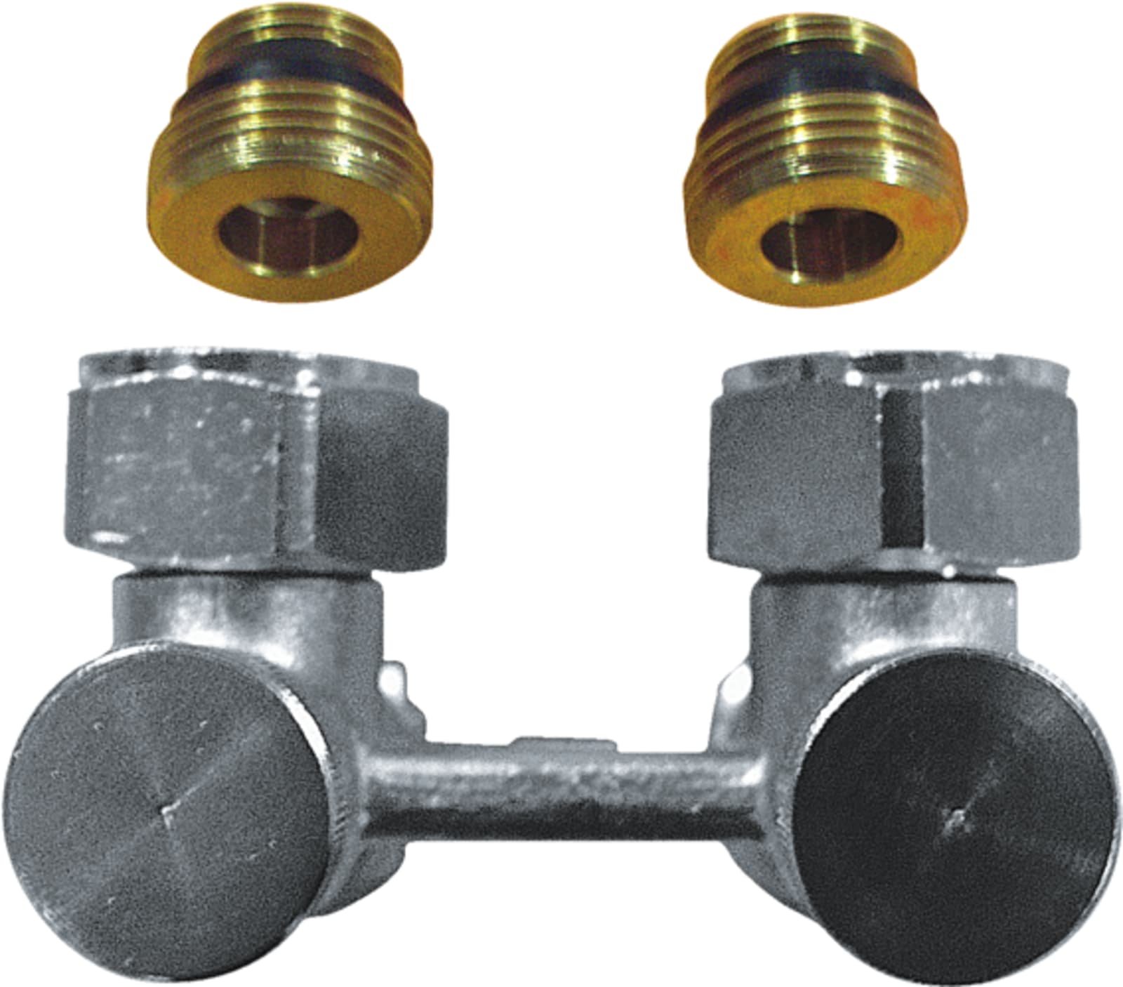 Herz H-onderblok, haaks, messing, vernikkeld, 1/2" binnendraad, 3/4" Euroconus, tweepijp, hartafstand 50mm, lengte 33mm