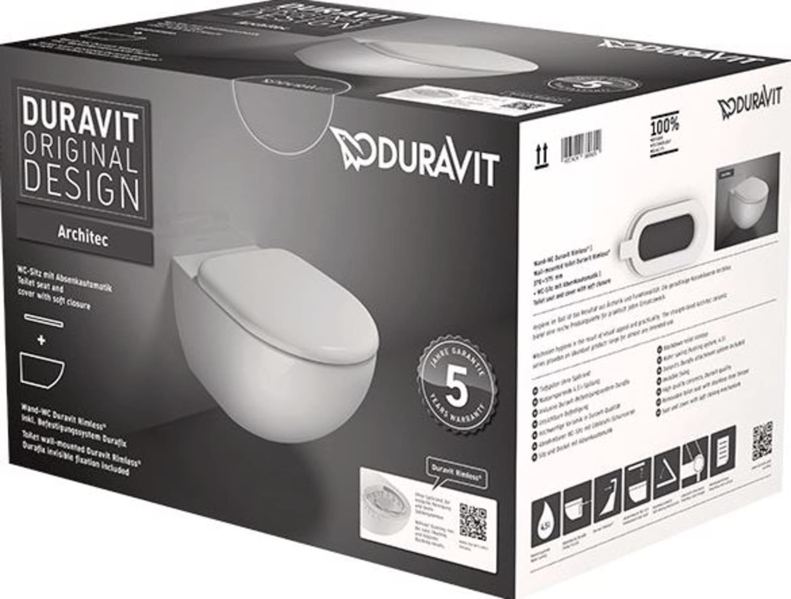 Duravit, Architec, wandclosetpack met wandcloset diepspoel rimless met verdekte bevestiging 36.5x57.5cm