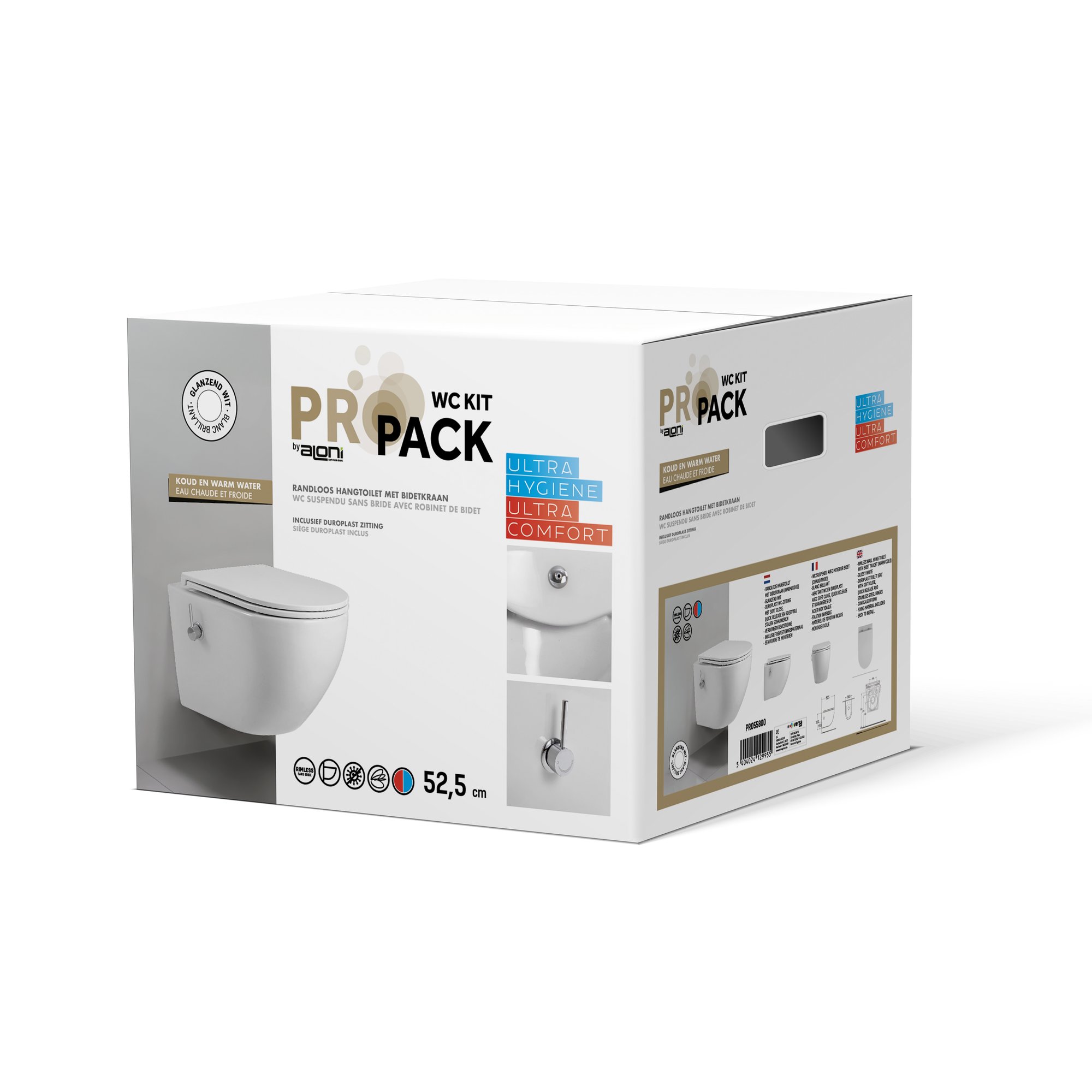 ALONI PRO HANGTOILET MET BIDET - RANDLOOS - MET BIDETKRAAN KOUD EN WARM WATER - MET ZITTING - 52,5CM - GLANZEND WIT thumbnail 5