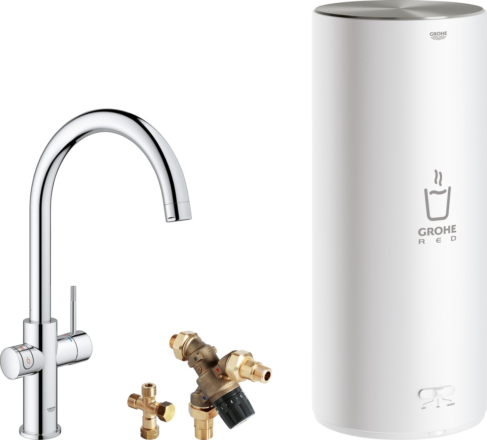 Grohe Red New Duo, Keukenmengkraan, eengreeps, 7 liter boiler, 418mm hoogte, 224mm voorsprong C-uitloop, draaibaar, chroom