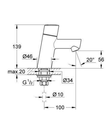 Grohe Concetto New, Toiletkraan, XS-size, eengreeps, 1-gats, bovendeel keramisch, 130mm hoogte, 100mm uitloop, vast, chroom