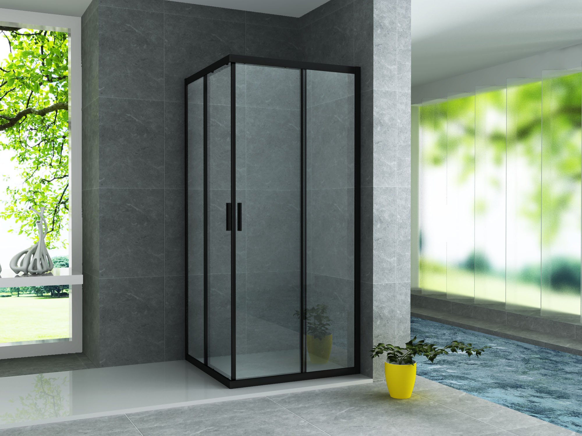 ALONI DOUCHECABINE - HOEKINSTAP MET 2 SCHUIFDEUREN - 800 X 800 X 1950MM - MAT ZWART - HELDER GLAS