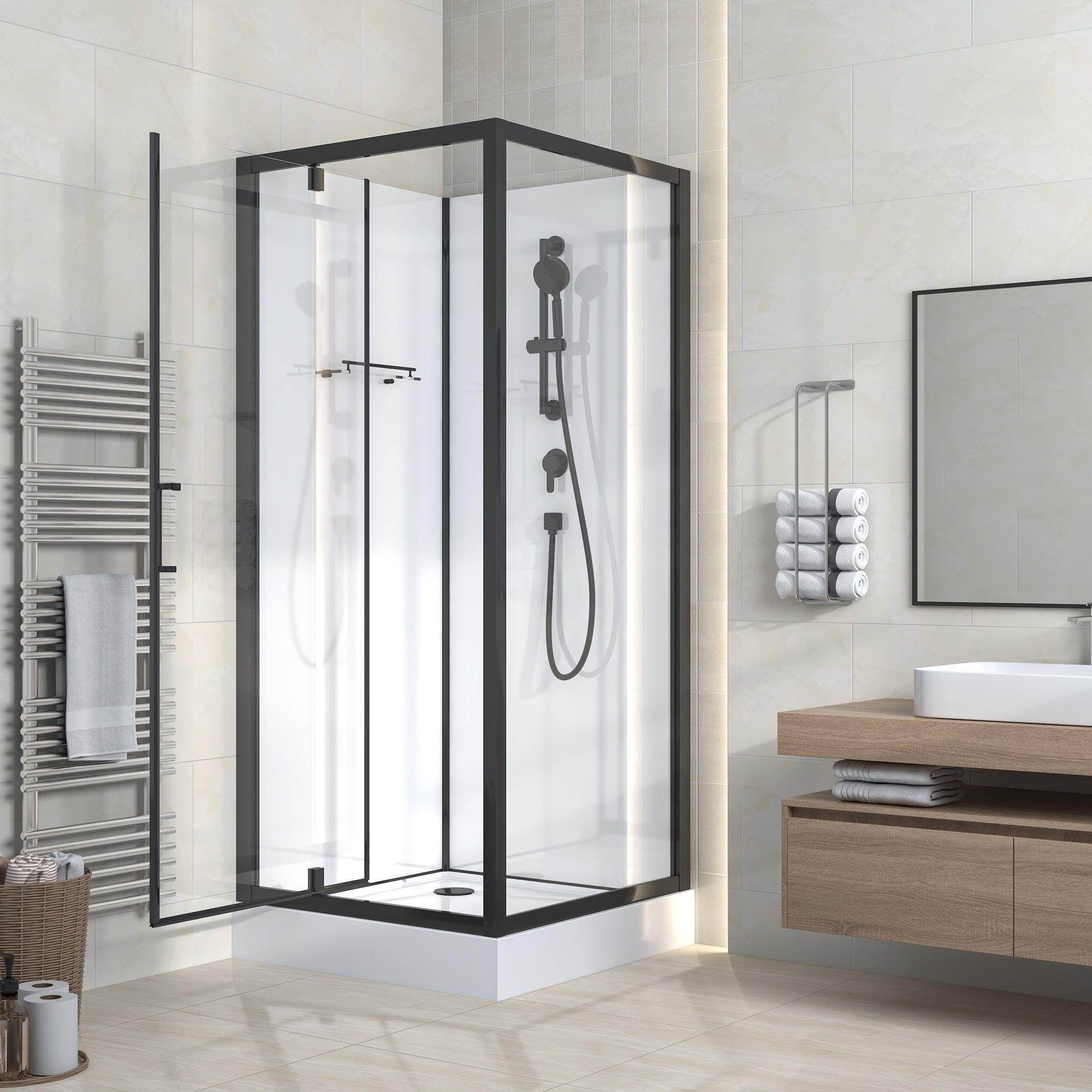 RIMO COMPLETE DOUCHECABINE MET DRAAIDEUR - OMKEERBAAR - 90X215X90 CM - MAT ZWART - HELDER GLAS