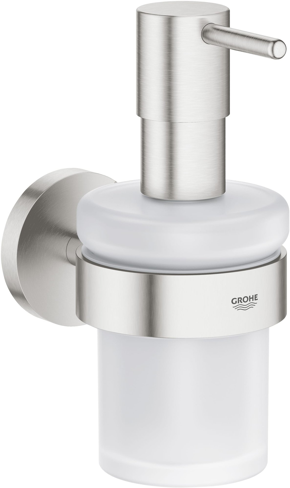 Grohe Essentials, Zeepdispenser met houder, rond, wand, 1-gats, 160ml vulhoeveelheid, metaal/glas, supersteel