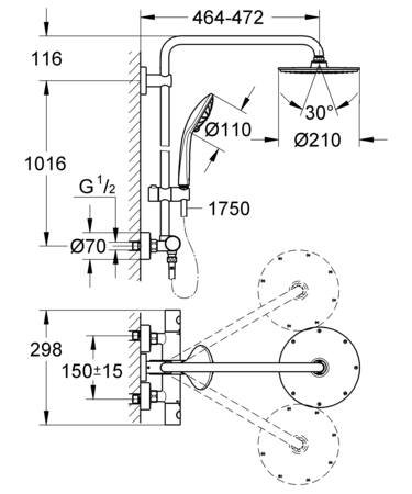 Grohe Euphoria System 210, Douchethermostaat, met douchesysteem, wand, tweegreeps, 2-gats, 150mm hart, met koppelingen, chroom thumbnail 5