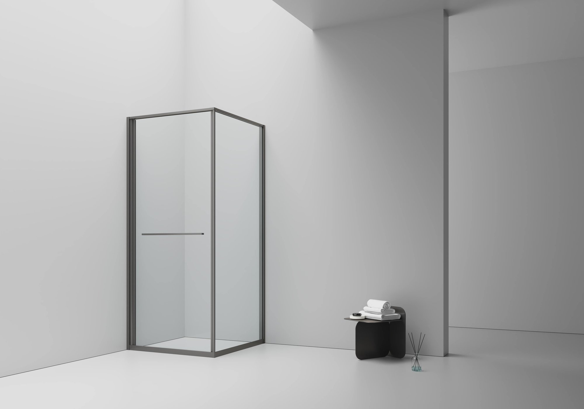 INSLIDE DOUCHECABINE - NAAR BINNEN OPENENDE SCHUIFDEUR EN ZIJWAND - RUIMTEBESPAREND - OMKEERBAAR - 6MM VEILIGHEIDSGLAS - 90X90X200 CM - GUNMETAL - HELDER GLAS