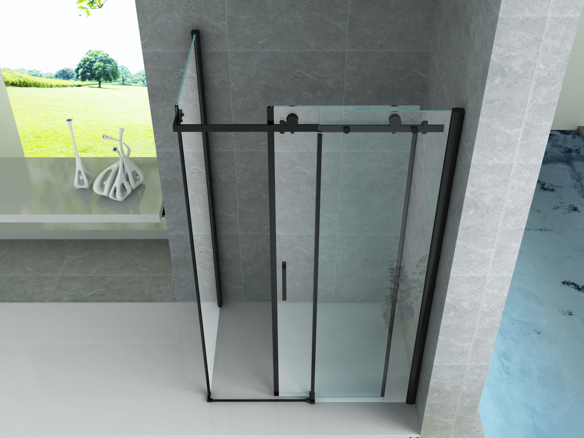 ALONI DOUCHECABINE - SCHUIFDEUR EN ZIJWAND - 900 X 1400 X 1950 MM - MAT ZWART - HELDER GLAS thumbnail 2