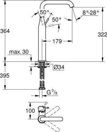 Grohe Essence New, Wastafelmengkraan, XL-size, eengreeps, 1-gats, 364mm hoogte, glad, 179mm uitloop hoog, draai, hard graphite geb