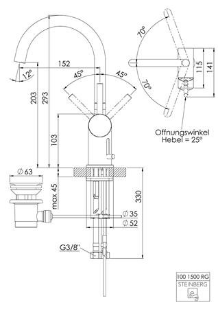 Steinberg 100 wastafelkraan, eengreeps, waste, vast, 293mm hoogte, 203mm hoogte kraanmond, 155mm voorsprong, goud-look