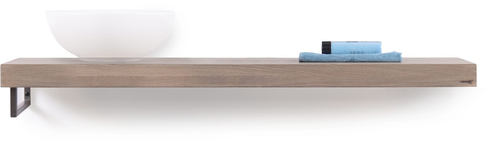 LoooX Wooden Base Shelf Solo X 140 cm, eiken 'old grey' handdoekhouder links geborsteld RVS