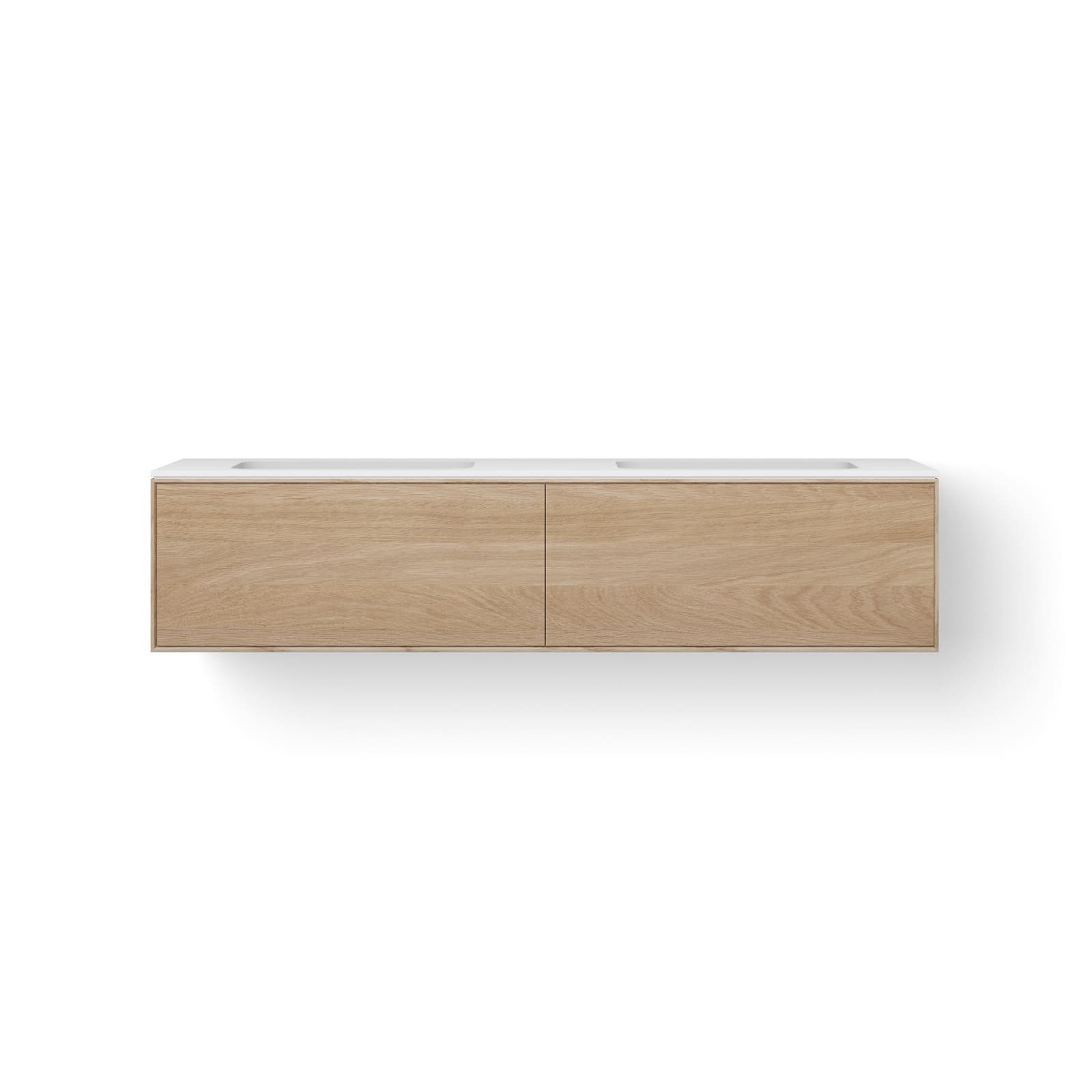 Looox Solid Facet 160 cm, Solid surface bovenblad, twee wasbakken 500 mm, wooden Facet meubel met 2 lades, old grey