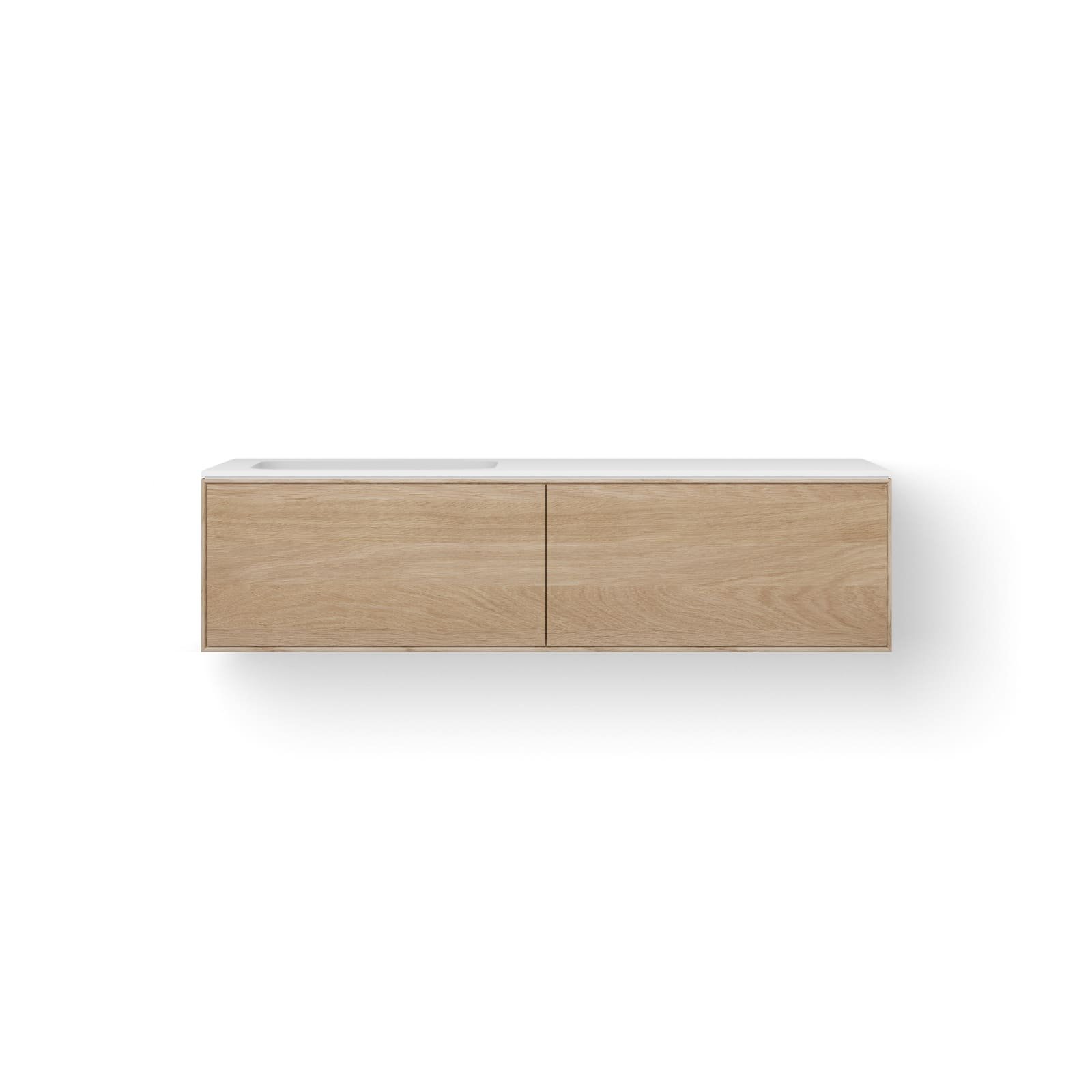 Looox Solid Facet 140 cm, Solid surface bovenblad, wasbak 500 mm links, wooden Facet meubel met 2 lades, old grey