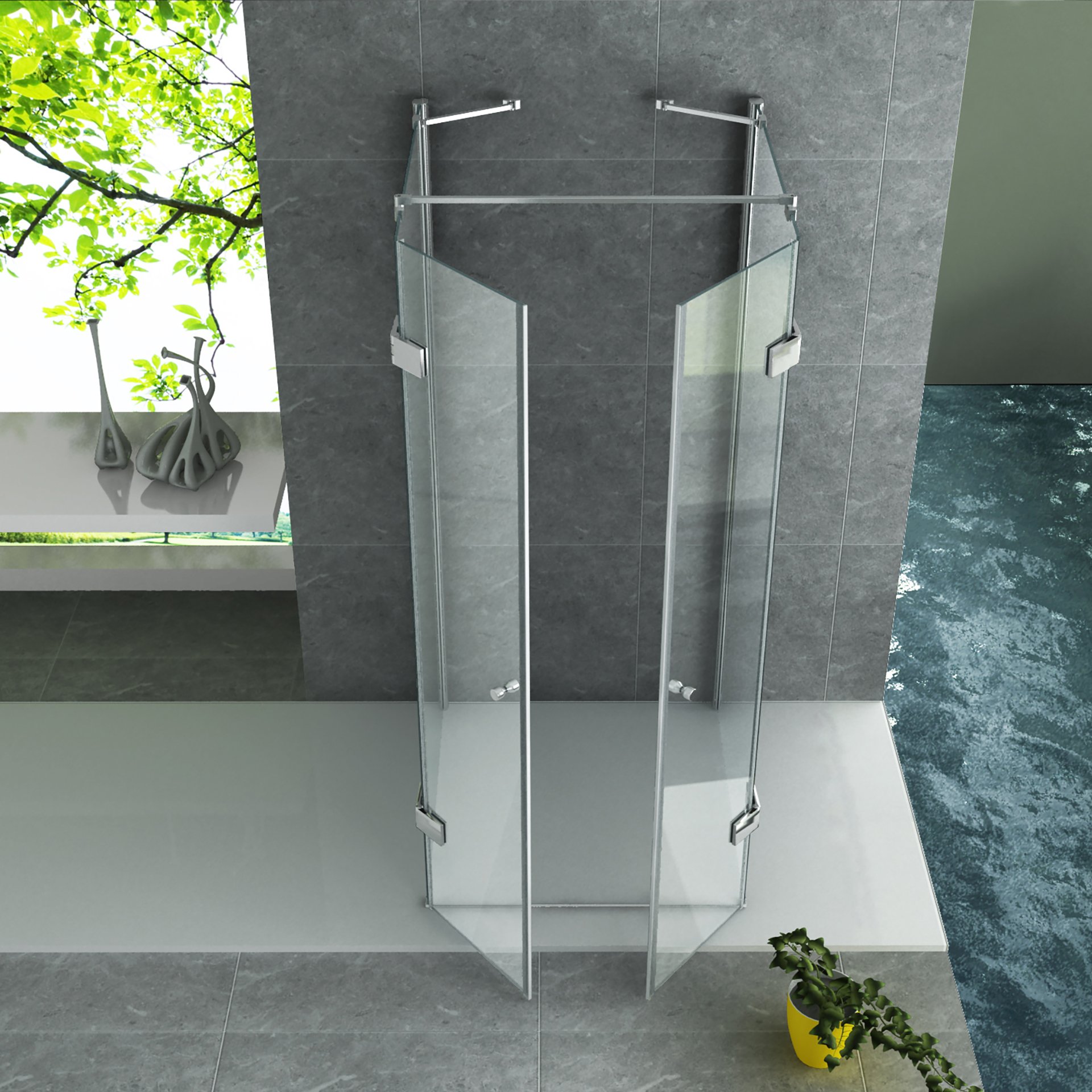 ALONI DOUCHECABINE - U-OPSTELLING - 2 DRAAIDEUREN EN 2 ZIJWANDEN - 900 X 900 X 1950 MM - CHROOM - HELDER GLAS thumbnail 2