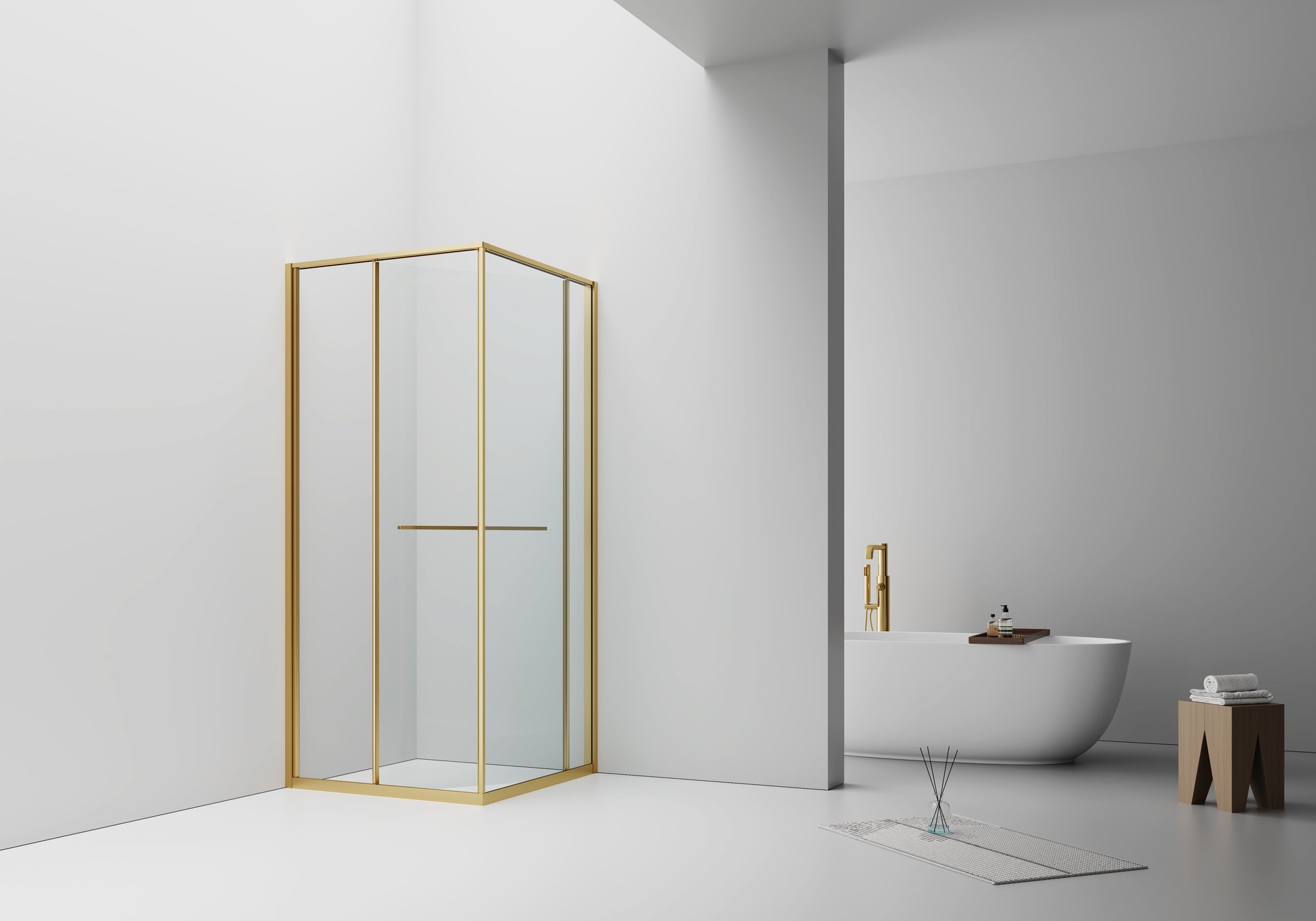 INSLIDE DOUCHECABINE - NAAR BINNEN OPENENDE SCHUIFDEUR EN ZIJWAND - RUIMTEBESPAREND - OMKEERBAAR - 6MM VEILIGHEIDSGLAS - 90X90X200 CM - GEBORSTELD GOUD - HELDER GLAS thumbnail 4