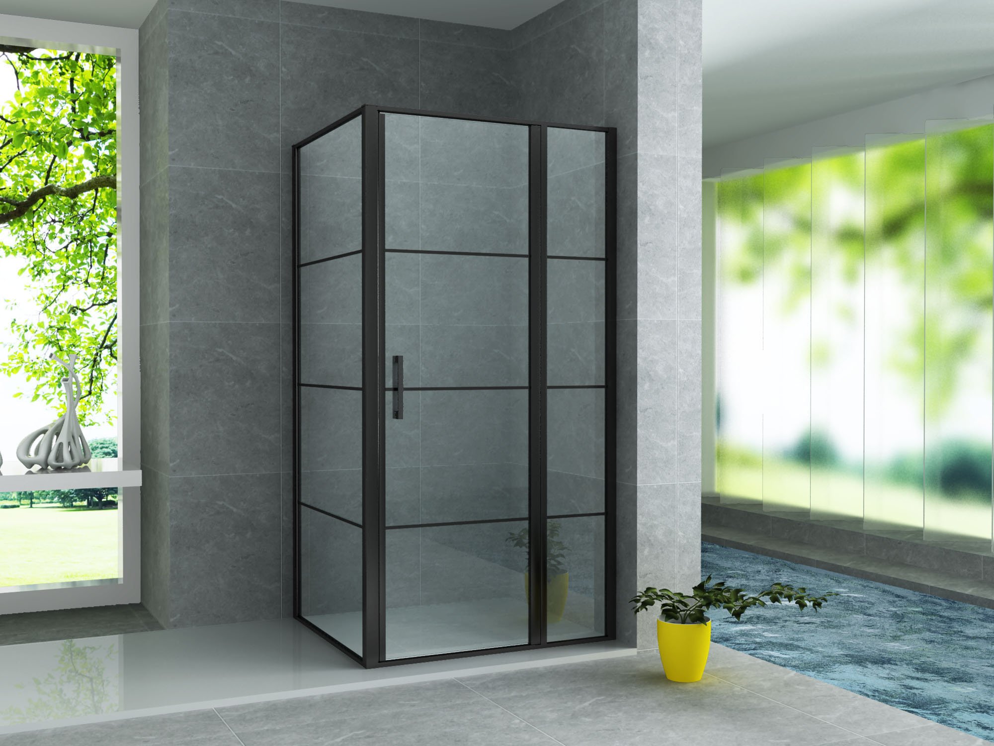 ALONI DOUCHECABINE - DRAAIDEUR  EN ZIJWAND - 900 X 1400 X2000 MM - MAT ZWART - HELDER GLAS MET ZWART RASTER