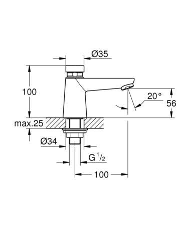 Grohe Eurosmart Cosmopolitan T, Wastafelkraan, zelfsluitend, 1-gats, bovendeel keramisch, 100mm hoogte, 100mm uitloop, vast, chroom