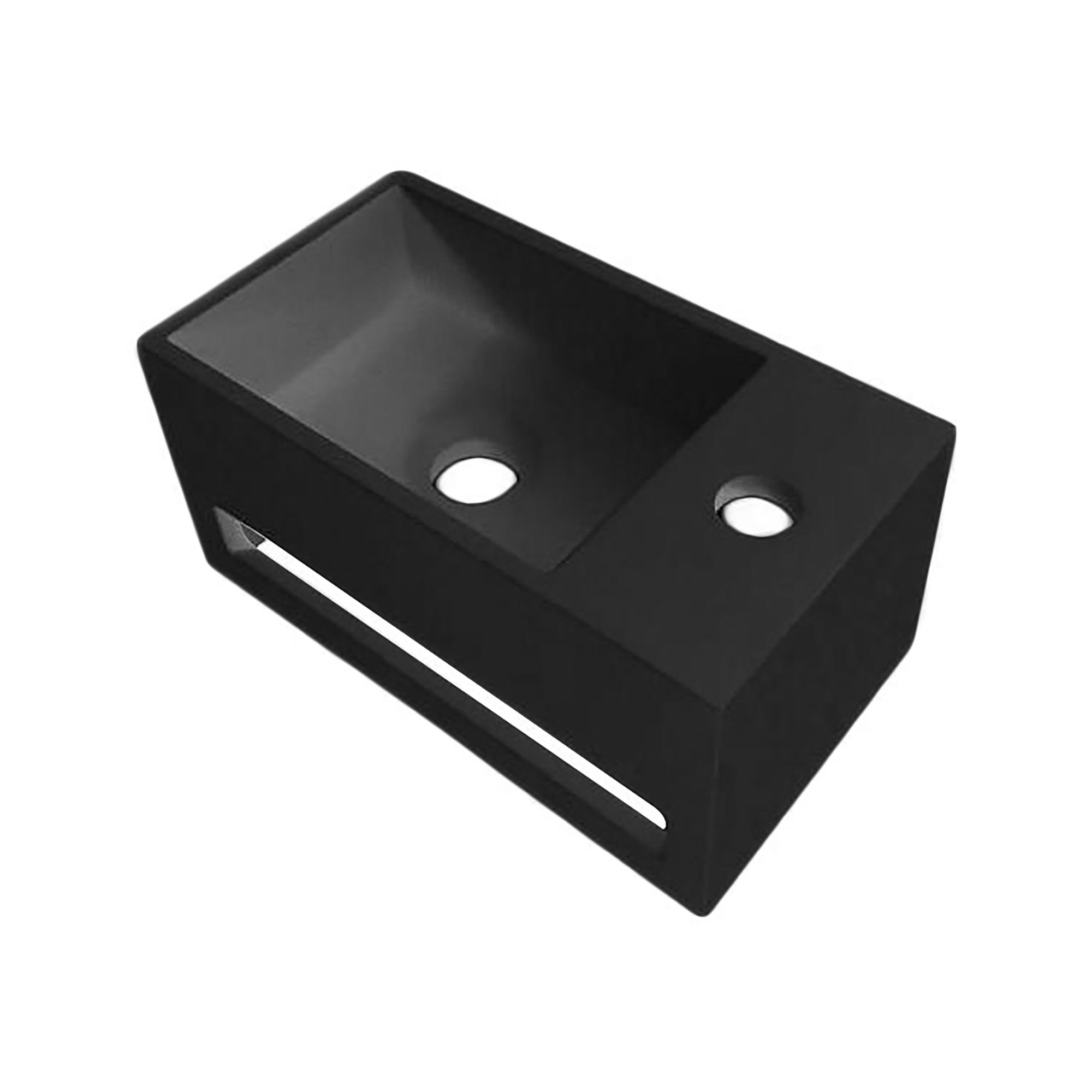SOLID SURFACE WASTAFEL MET HANDDOEKHOUDER EN KRAANGAT RECHTS (35,8X20,5X15,7CM) - ZWART