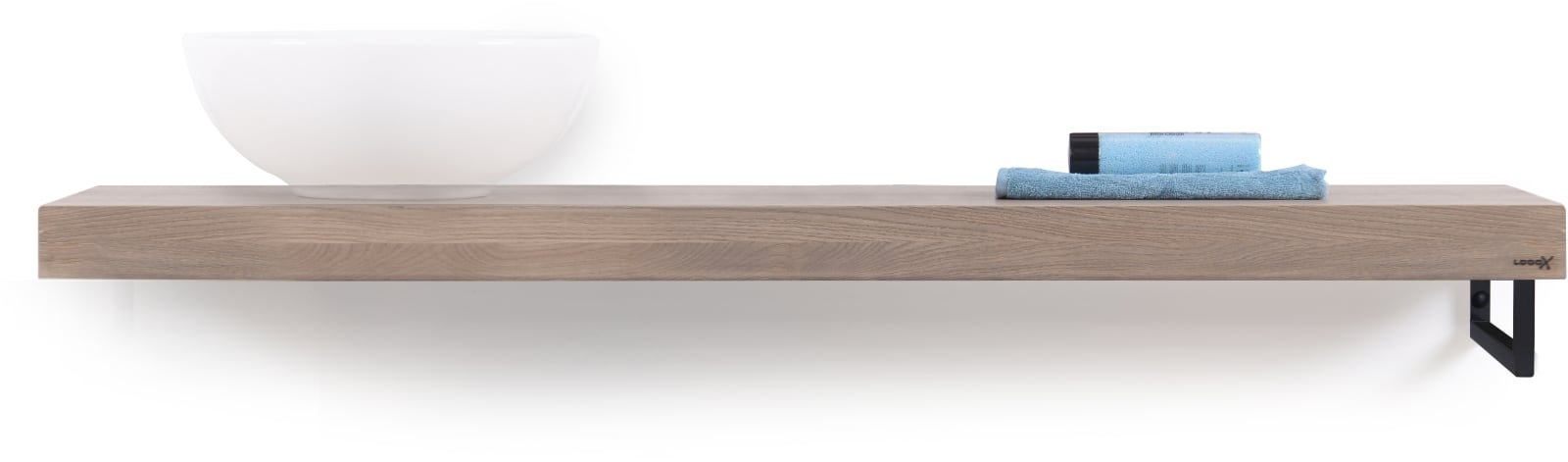 Looox Wooden Base Shelf Solo X 140 cm, eiken 'old grey' handdoekhouder rechts mat zwart