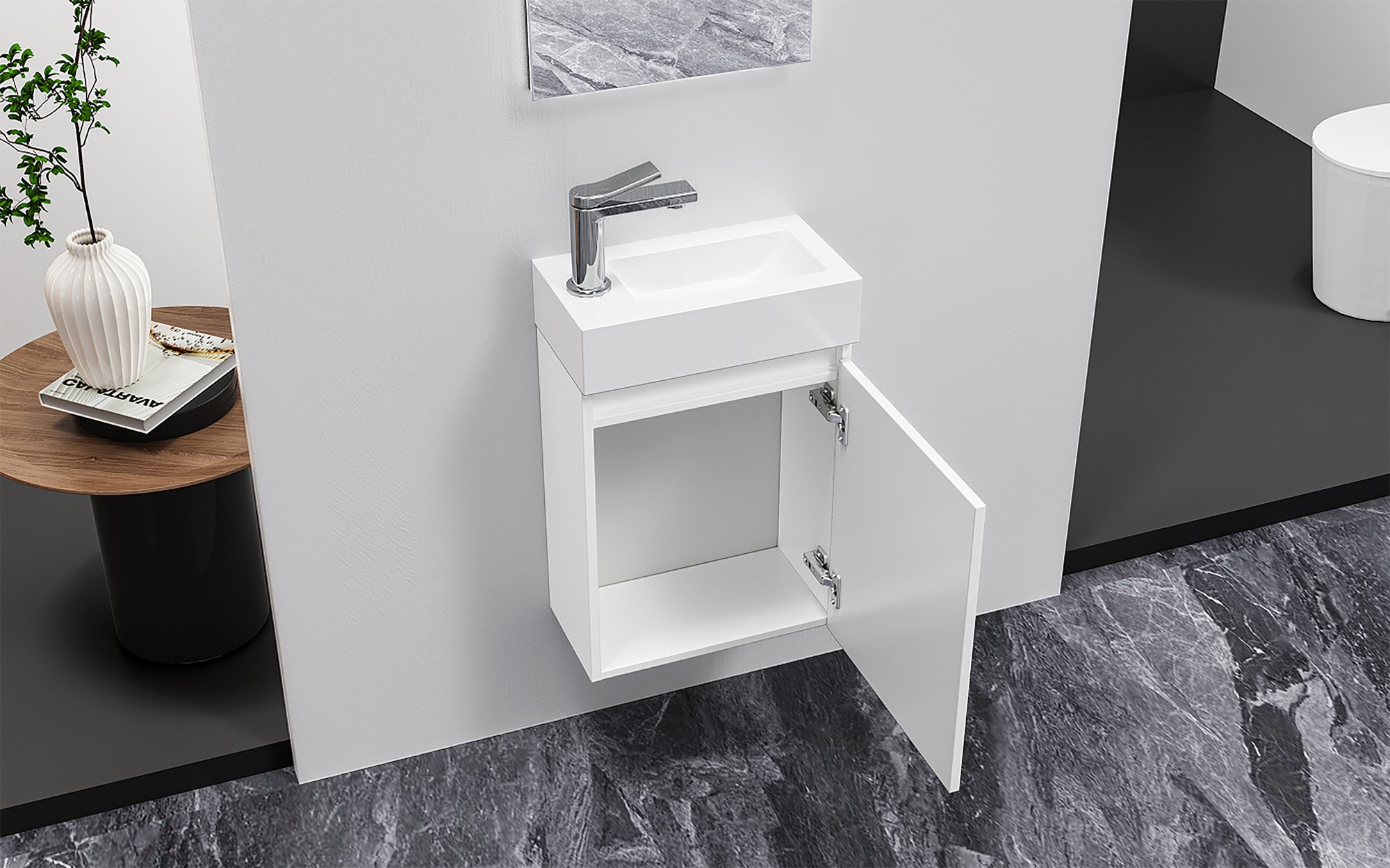 ALONI ZYRO TOILETMEUBELSET - COMPLEET - ONDERKAST MET 1 DEUR - GREEPLOOS - SOFT CLOSE - OMKEERBAAR - SPIEGEL - FONTEIN - 40,5X22,5 CM - GLANZEND WIT thumbnail 3
