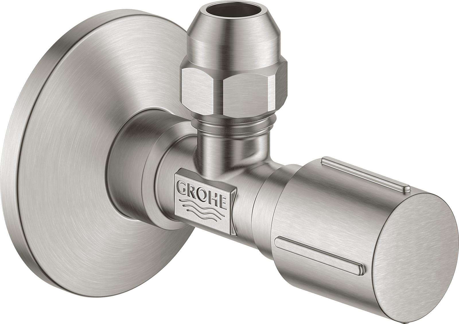 Grohe hoekstopkraan, haaks, eengreeps, 1/2" x 3/8" knelkoppeling, supersteel