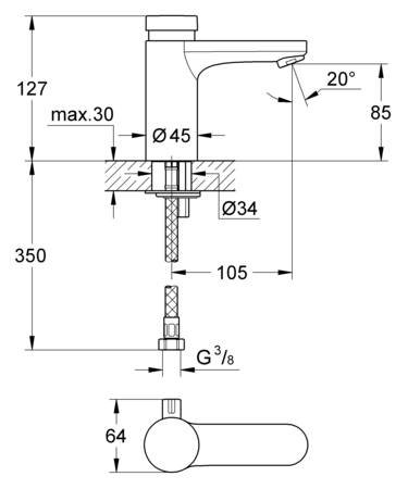 Grohe Eurosmart Cosmopolitan T, Wastafelkraan, zelfsluitend, 1-gats, met menging, 127mm hoogte, 105mm uitloop, vast, chroom