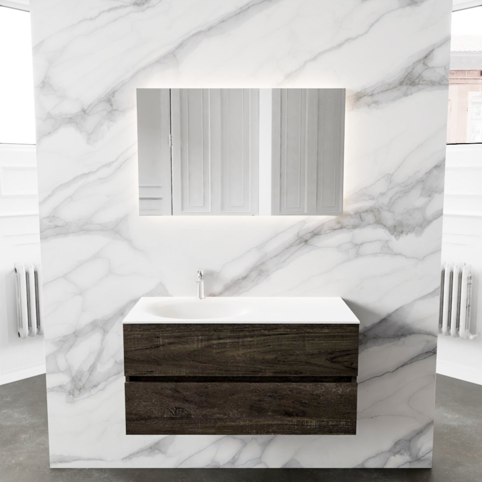 Blue Label Annika onderbouwkast, Solid Surface wastafel Moon, links, 2x lade, 1x kraangat, 1000x500x450mm (BxHxD), hout donkerbruin