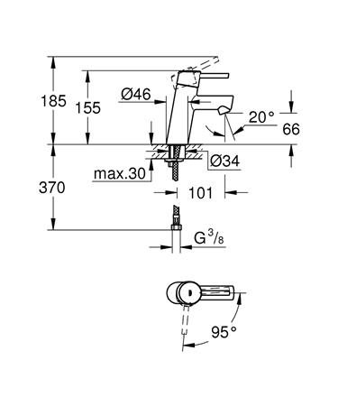 Grohe Concetto, Wastafelmengkraan, S-size, ES, eengreeps, 1-gats, 155mm hoogte, glad, 101mm uitloop, vast, chroom thumbnail 4