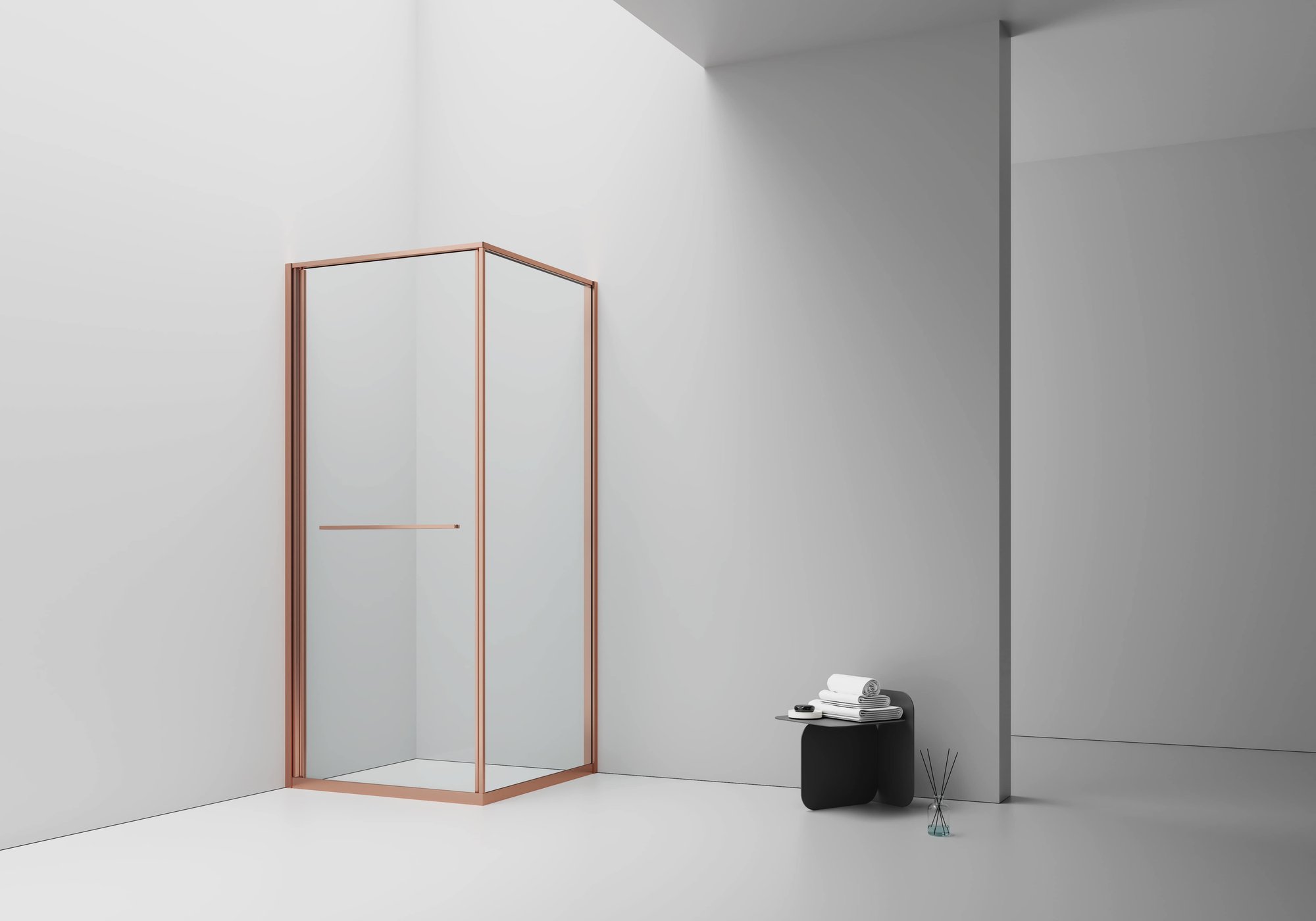 INSLIDE DOUCHECABINE - NAAR BINNEN OPENENDE SCHUIFDEUR EN ZIJWAND - RUIMTEBESPAREND - OMKEERBAAR - 6MM VEILIGHEIDSGLAS - 90X90X200 CM - GEBORSTELD KOPER - HELDER GLAS