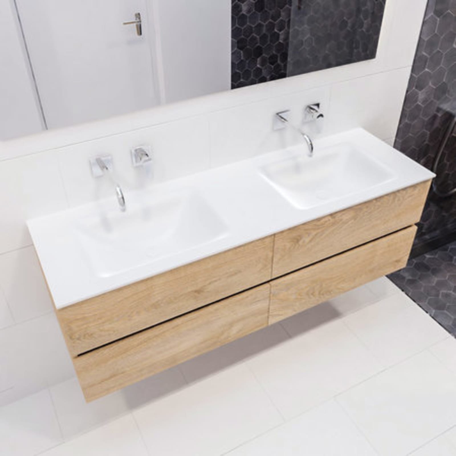 Blue Label Annika onderbouwkast, Solid Surface wastafel Cloud dubbel, 4x lade, 1500x500x450mm (BxHxD), hout gewassen eik