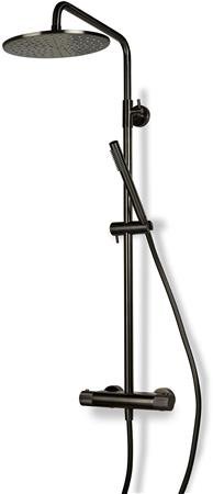 Blue Label Brondby Facet douchesysteem in hoogte verstelbaar, thermostatisch, gekartelde greep, messing hoofddouche 25 cm, gun metal