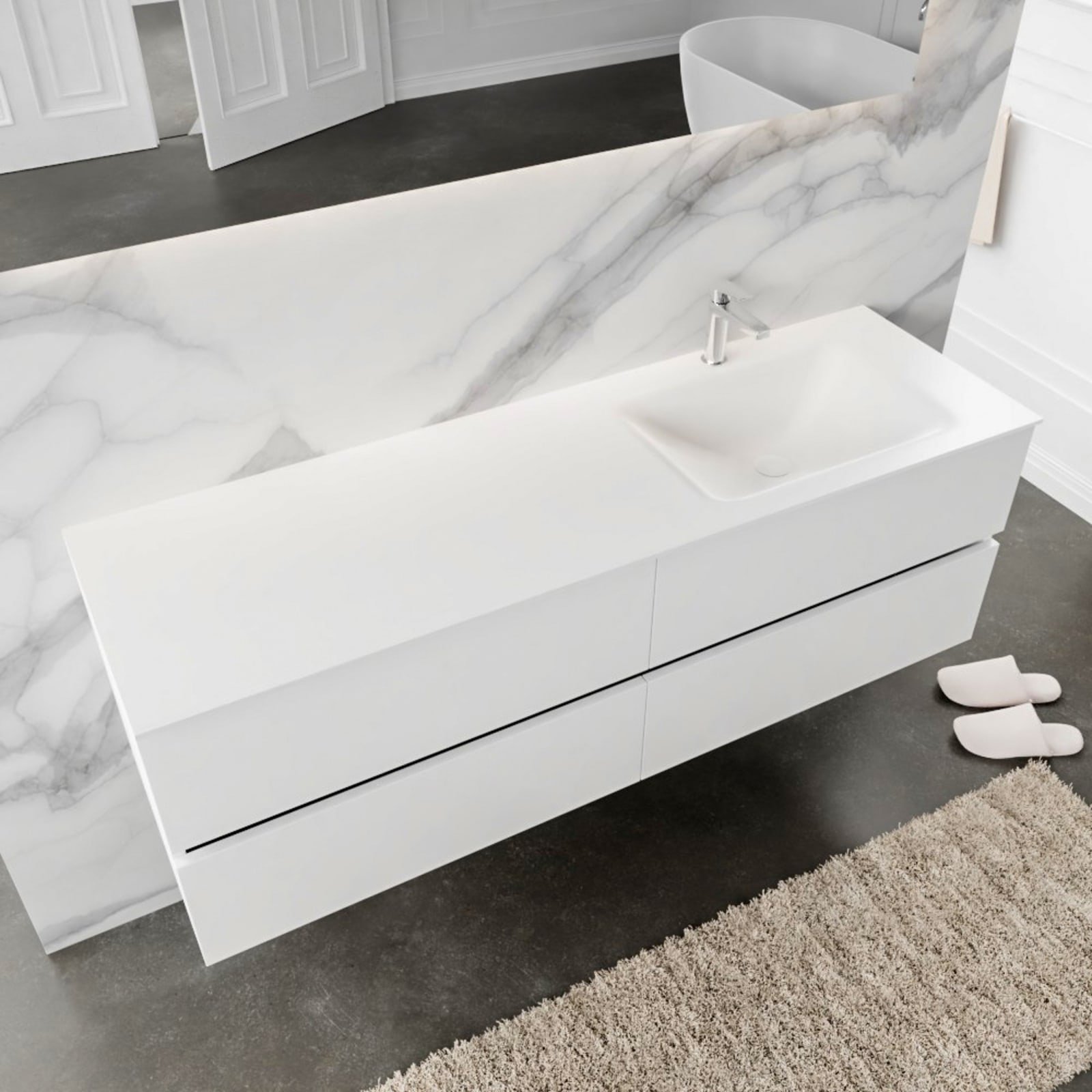 Blue Label Annika onderbouwkast, Solid Surface wastafel Cloud, rechts, 4x lade, 1x kraangat, 1500 x 500 x 450mm (BxHxD), mat wit