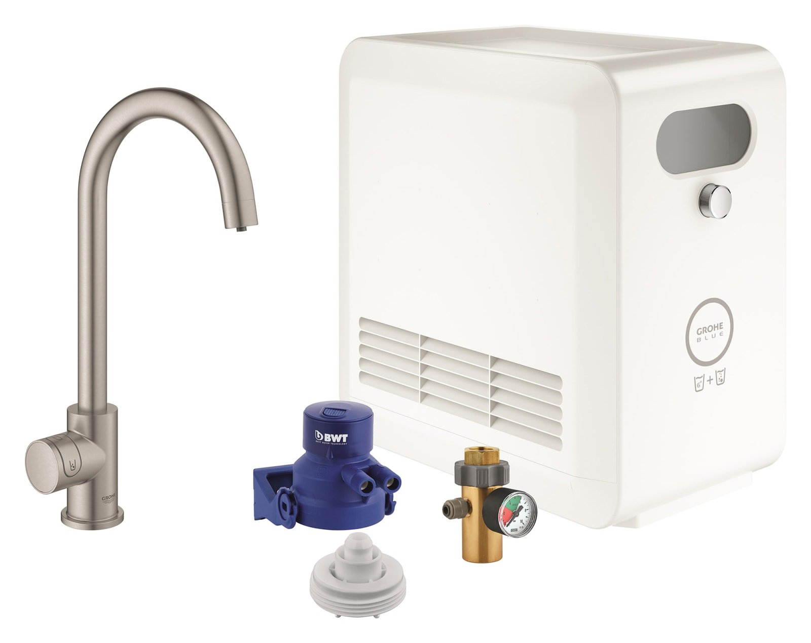 Grohe Blue Professional, Keukenmengkraan met koeler, Mono, eengreeps, WiFi Bluetooth, 153mm C-uitloop, draaibaar, supersteel