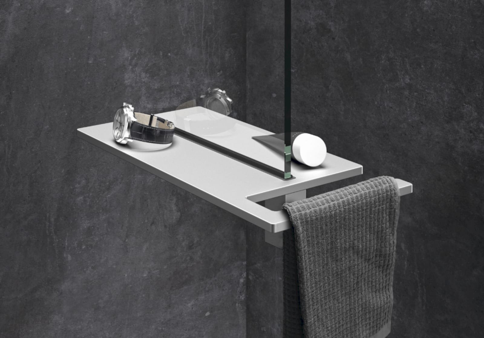 Huppe Select+, Doucheplank, met handdoekhouder, vlak design, eenvoudige reiniging, monteren zonder boren, geklemd, zilvermat