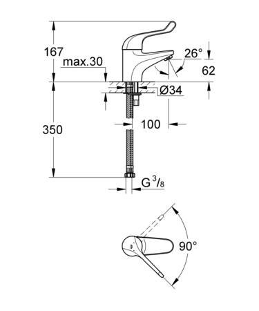 Grohe Eurosmart Care, Wastafelmengkraan, eengreeps, 1-gats, 167mm hoogte, glad, 100mm uitloop laag, vast, chroom