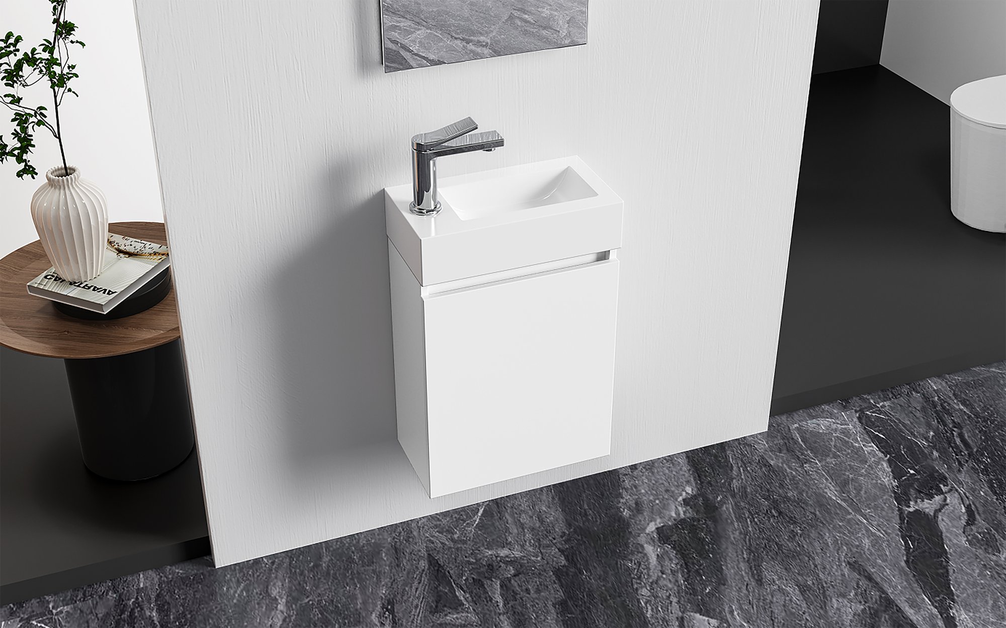 ALONI ZYRO TOILETMEUBELSET - COMPLEET - ONDERKAST MET 1 DEUR - GREEPLOOS - SOFT CLOSE - OMKEERBAAR - SPIEGEL - FONTEIN - 40,5X22,5 CM - GLANZEND WIT thumbnail 2