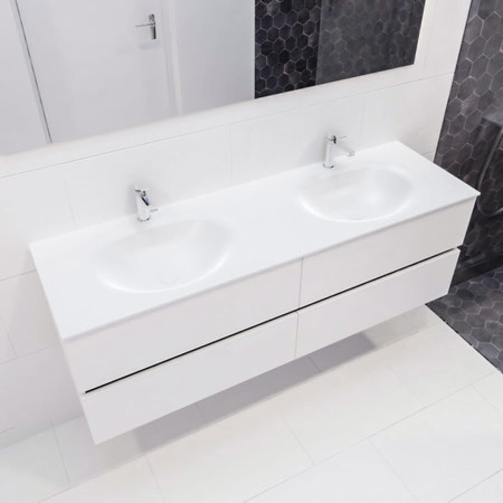 Blue Label Annika onderbouwkast, Solid Surface wastafel Moon, dubbel, 4x lade, 2x kraangat, 1500 x 500 x 450mm (BxHxD), mat wit